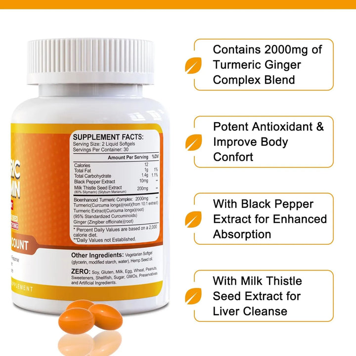 Cápsulas Blandas Curcumina Cúrcuma 5 En 1 2000 Mg Extracto C - Imagen 4
