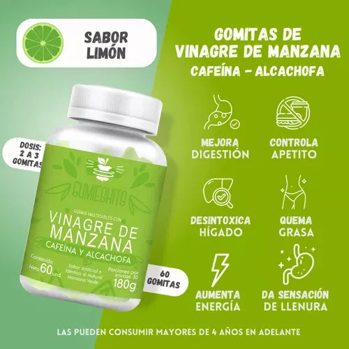 3 Gomas Vinagre Manzana Cafeína & Alcachofa Diuretico Adelgazante - Imagen 2