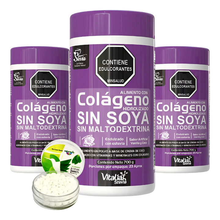 Kit Colágeno Hidrolizado Vitaliah Vainilla X3 + Mentas De Stevia - Imagen 1