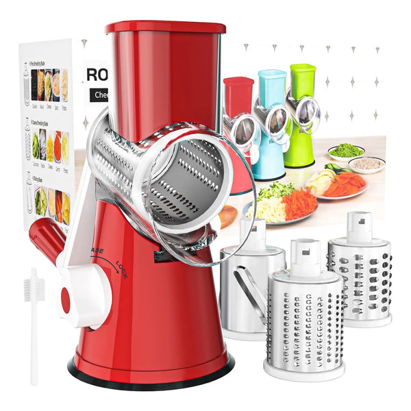 Rallador De Queso Rojo Ergonómico 3 Cuchillas Acero Inoxidable Base Ventosa