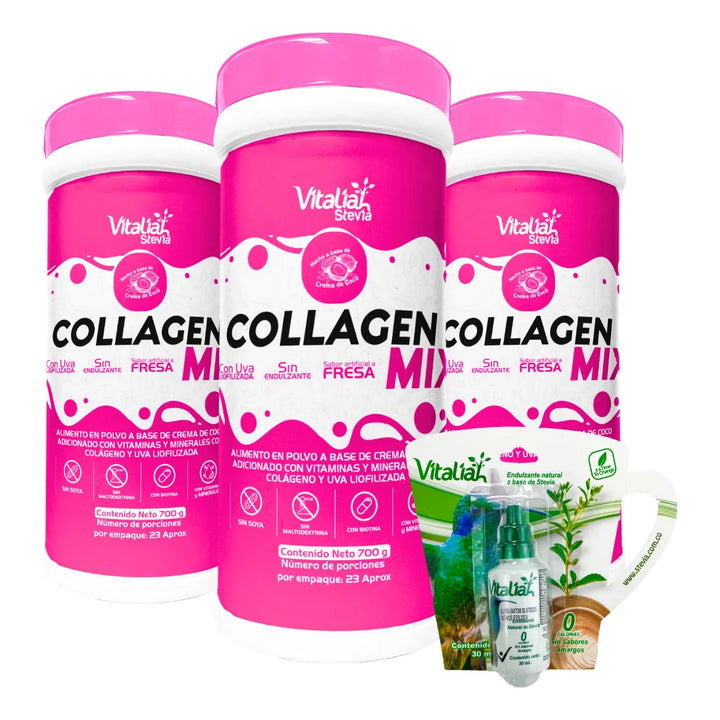 Kit Vitaliah Colágeno Hidrolizado Fresa X3 + Gotero Stevia 10ml - Imagen 1