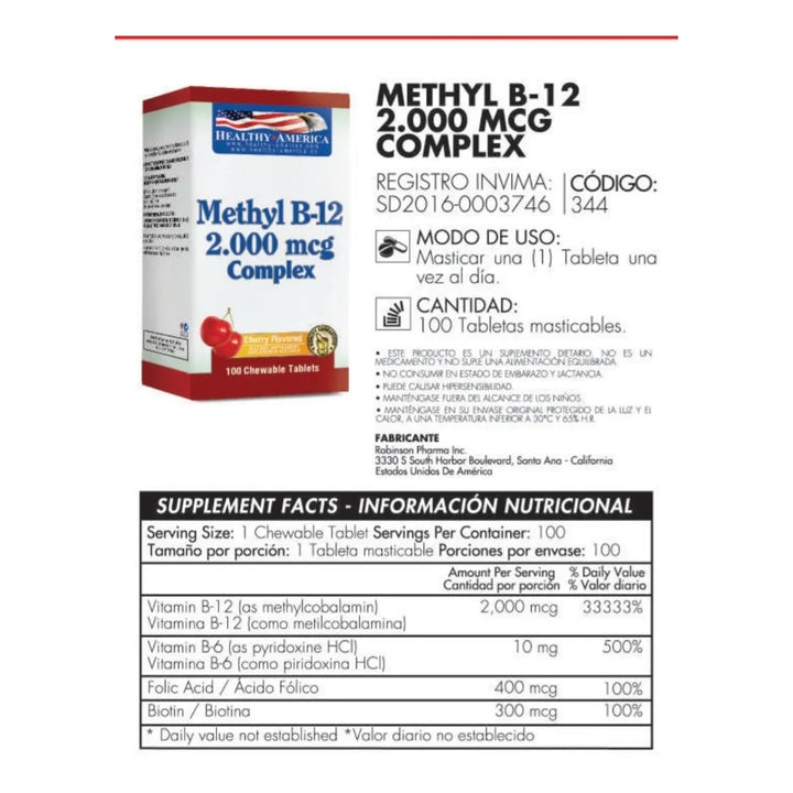 Methyl B12 3000mcg - Healthy America Cereza - Imagen 2