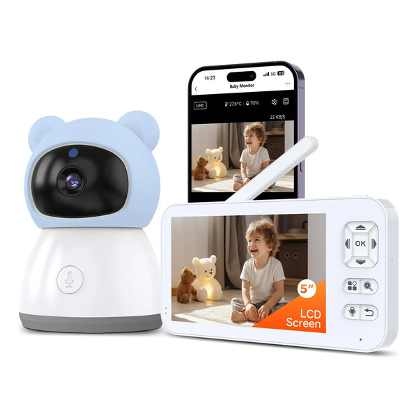 Monitor Inteligente WiFi Bebé Cámara HD 2K Pantalla 5 Pulgadas Visión Nocturna 360°