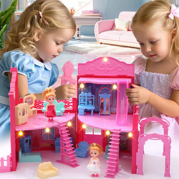 Casa De Muñecas Portátil Con Cuatro Habitaciones Dos Muñecas - Imagen 2