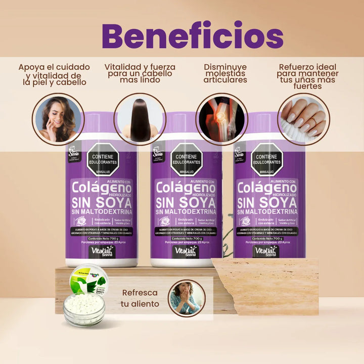 Kit Colágeno Hidrolizado Vitaliah Vainilla X3 + Mentas De Stevia - Imagen 2