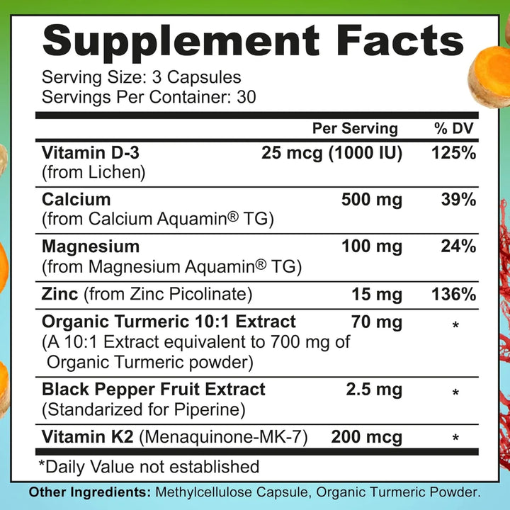 Calcio Vegetal 500 Mg Magnesio Zinc D3 Vitamina K2 Cúrcuma O - Imagen 6