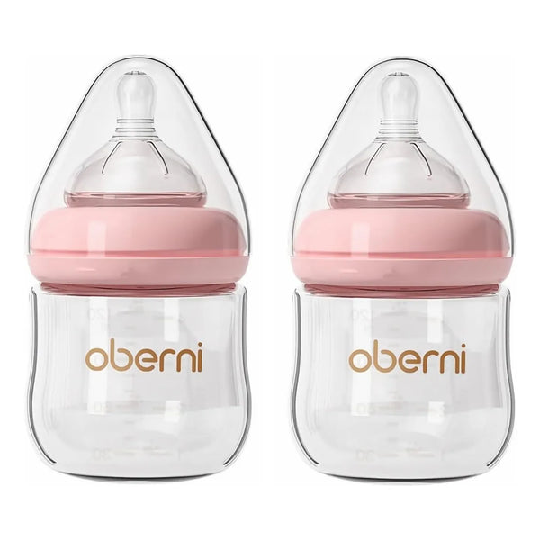 Biberón De Cristal Anticólico Cuello Ancho Flujo Lento Rosa Seguro Y Duradero