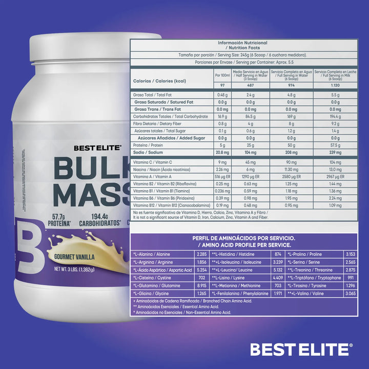 Proteina Hipercarolina Bulk Mass 3 Libras 3lb 3 Lb De Best Elite Mega Gainer Pro Smart Super - Imagen 3