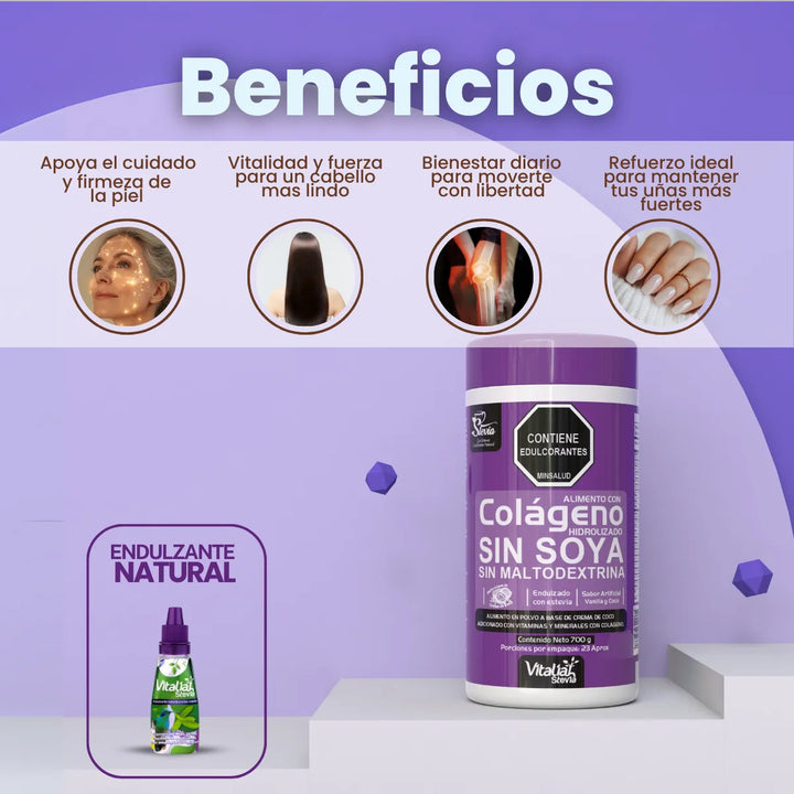 Kit Colágeno Hidrolizado Vitaliah Vainilla X1 + Gotero De Stevia 10ml - Imagen 2