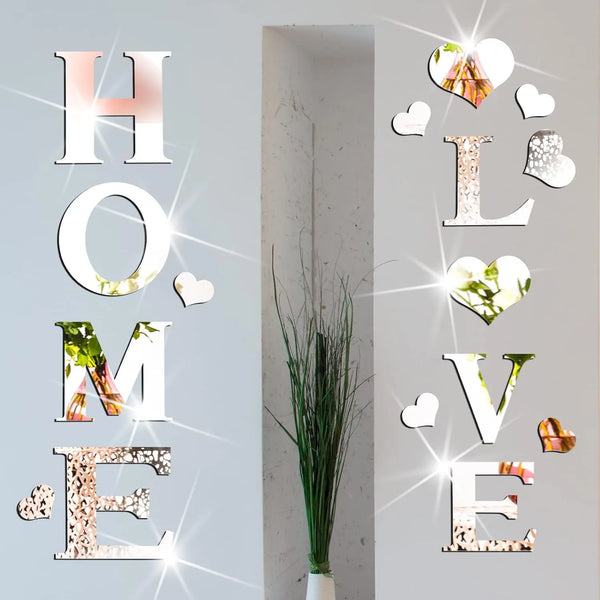 Letras Y Corazones Espejo Acrílico 3D Decoración Pared Moderna Hogar