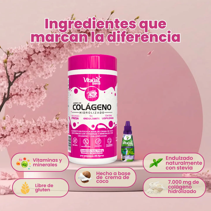 Colágeno Hidrolizado Fresa Vitaliah + Gotero De Stevia Natural 10ml - Imagen 3
