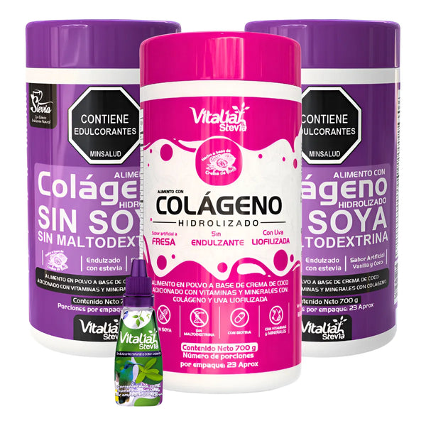 Kit Colágeno Hidrolizado Vitaliah Vainilla X2 + Fresa + Gotero Stevia 10ml - Imagen 1
