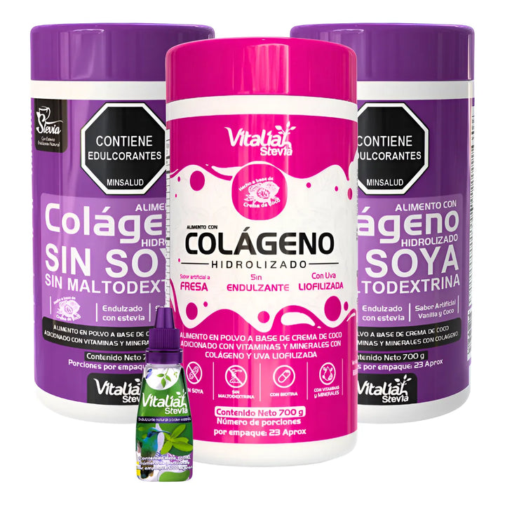 Kit Colágeno Hidrolizado Vitaliah Vainilla X2 + Fresa + Gotero Stevia 10ml - Imagen 1