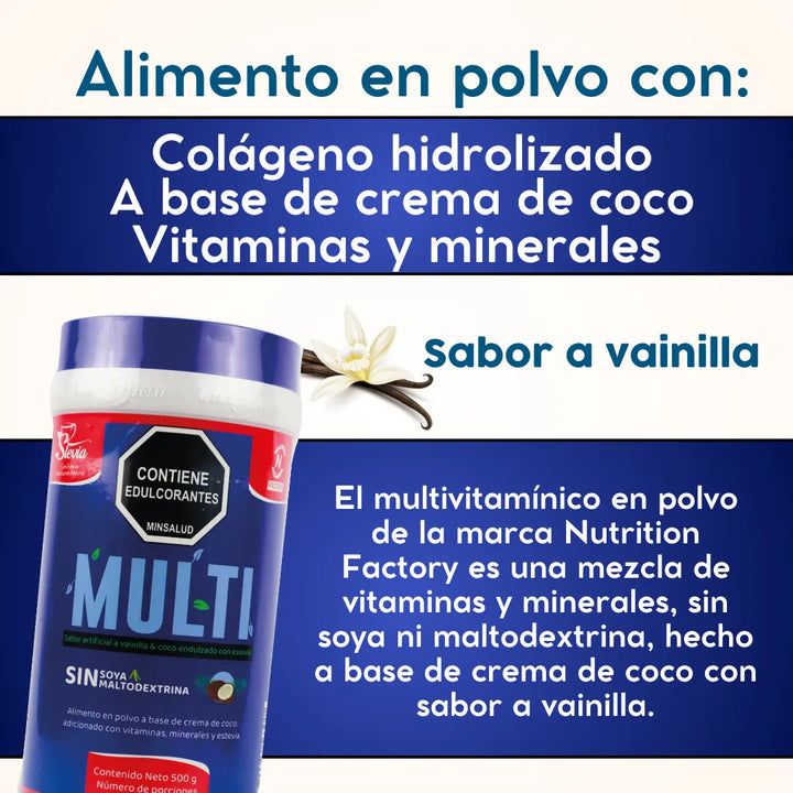 Multi 500g Sabor Vainilla Nutrition Factory + Stevia Natural 10ml - Imagen 4