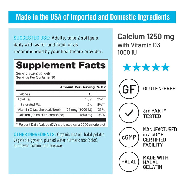Calcio 1250mg Con Vitamina D3 1000ui Aceite De Coco Mct Orgá - Imagen 4
