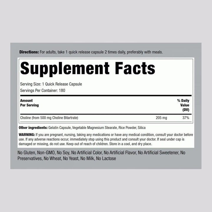 Bitartrato De Colina 500 Mg 180 Cápsulas Aporte Energético Y - Imagen 2