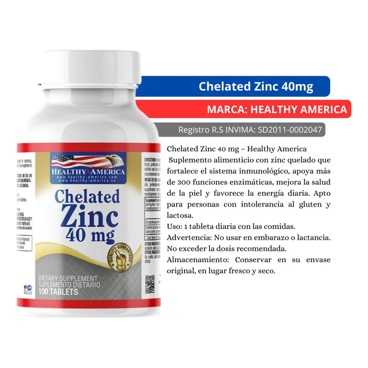 Chelated Zinc 40mg X100 Tabletas Healthy America  - Imagen 2