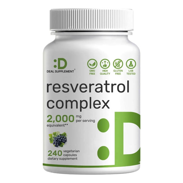 Complejo De Resveratrol Extra Fuerte 2000 Mg Con Quercetina Y Antioxidantes 240 Capsulas