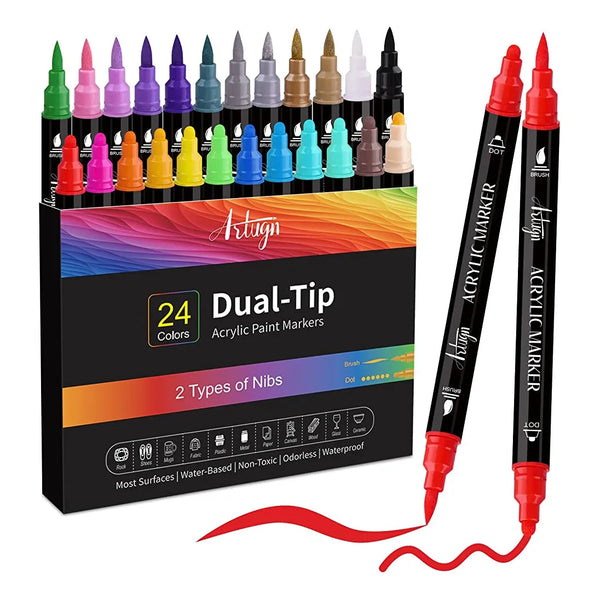 24 Colores Plumas Pintura Acrilica Doble Punta Trazos Precisos Y Vibrantes