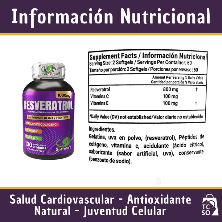 Resveratrol Americano Antioxidante Péptidos De Colágeno Vitamina C Y D Anti Edad Corazón Piel Salud Celular Natural - Imagen 9