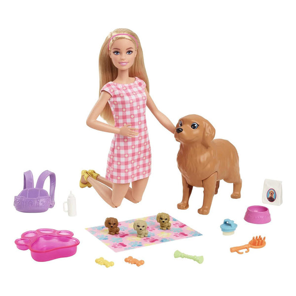 Muñeca Barbie Rubia con Mamá Perro y 3 Cachorros Coloridos Juego Interactivo para Niñas