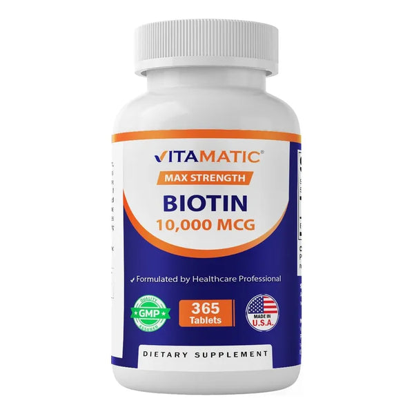 Biotina 10000 Mcg Vitamatic Para Cabello Piel Uñas 365 Tabletas Veganas