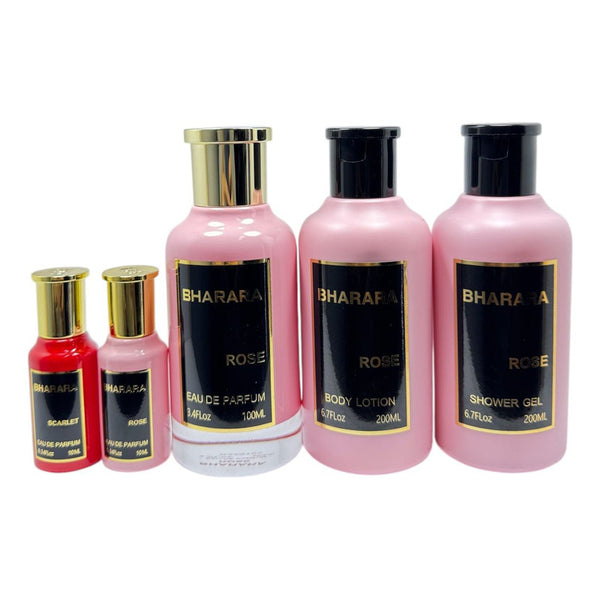 Perfume Set Bharara Rose 4pz Incluye Perfume Crema Shampo Perfumero Aroma Floral Duradero