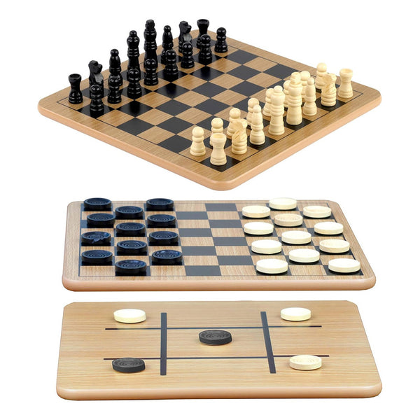 Tablero de Madera Reversible Regal Games Ajedrez Damas Tic-Tac-Toe 3 en 1