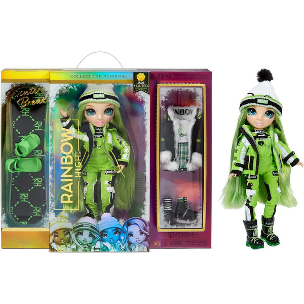 Muñeca Rainbow High Winter Break Jade Hunter con Trajes de Invierno y Snowboard para Niños