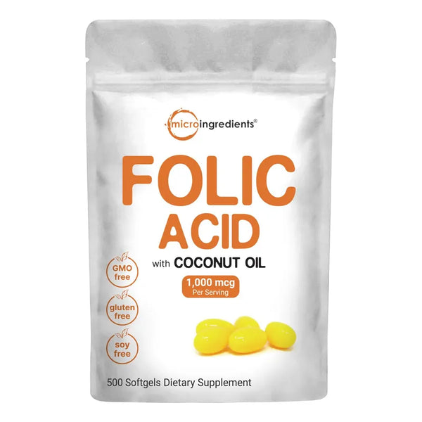 Acido Folico 1000 Mcg 500 Capsulas Blandas Aceite De Coco Vitaminas Prenatales