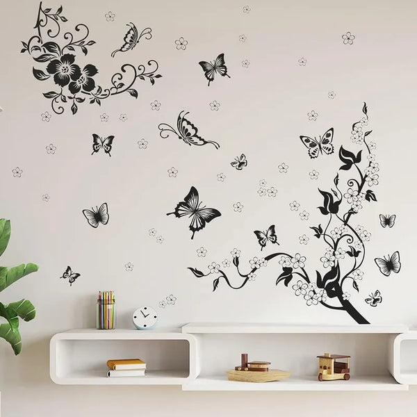 Calcomanías De Pared Flores Y Vid Negras Decoración Mariposa