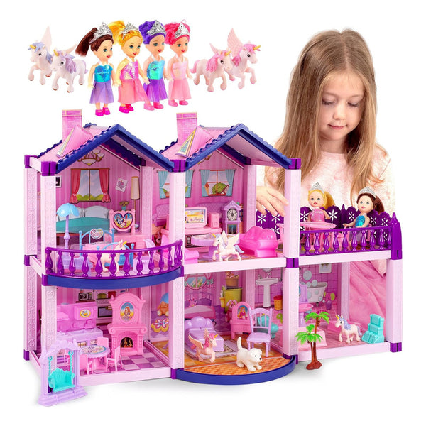 Casa De Muñecas Rosa Y Morado 5 Habitaciones Con Accesorios Juguete Ideal Para Niñas