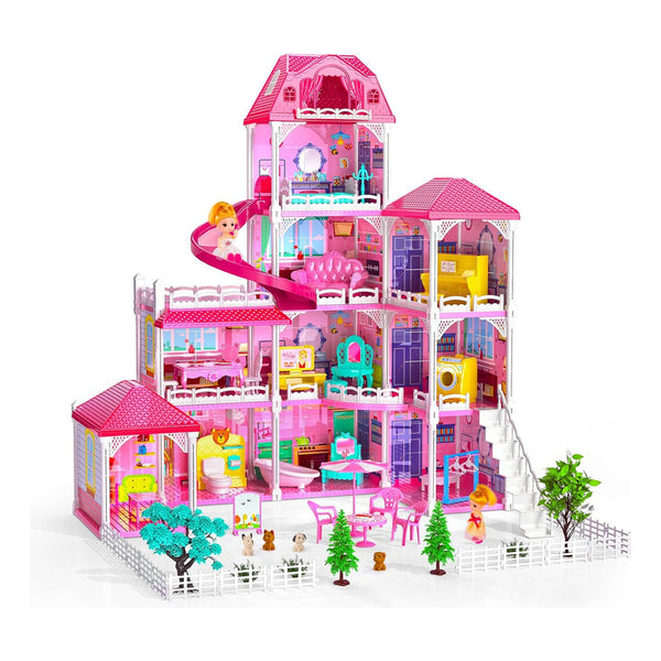 Casa De Muñecas TEMI Grande 4 Pisos 10 Habitaciones Con Muñecas Y Tobogán Para Niñas