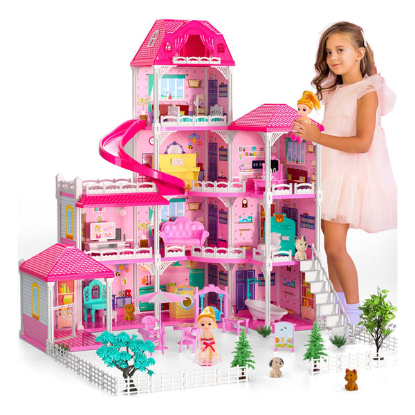Casa De Muñecas Rosa Con 10 Habitaciones Y 4 Pisos Ideal Para Niñas Con Accesorios Completos