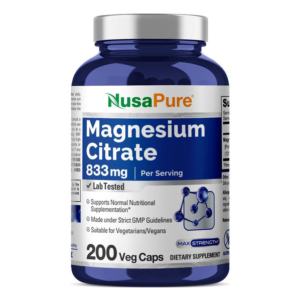 Citrato De Magnesio Nusapure 833mg 200 Cápsulas Veganas Sin GMO