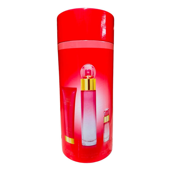 Perfume Set 360 Coral Para Dama De Perry Ellis Con Perfume Shower Y Perfumero