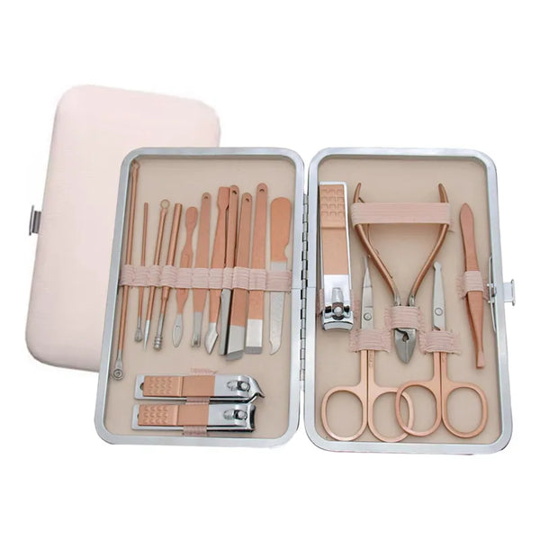 Kit De Manicura De Viaje En Cuero Rosa Con Herramientas Elegantes