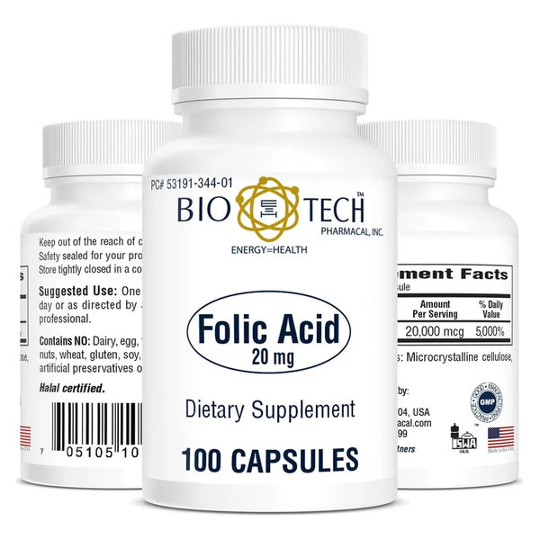 Acido Folico 20 Mg 100 Tabletas Para Salud Diaria