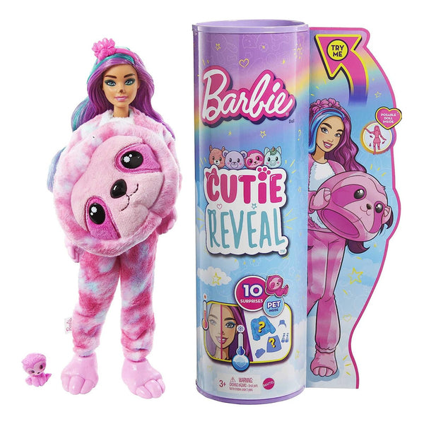 Barbie Cutie Reveal Peluche Oso Perezoso y Muñeca Articulada con Sorpresas y Accesorios