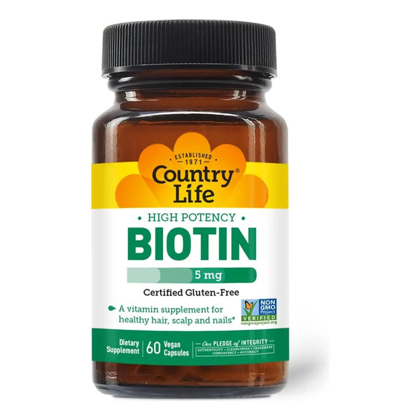 Biotina Alta Potencia 5 Mg 60 Cápsulas Veganas Country Life