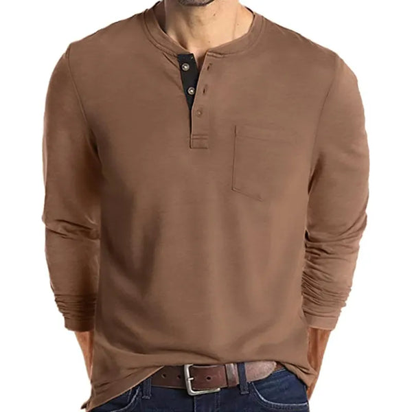 Camisa Henley De Manga Larga Con Botones Y Bolsillo Para Hombre