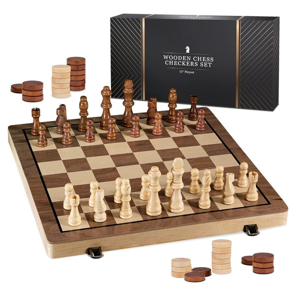 Juego De Ajedrez Y Damas De Madera Tablero Plegable 15 Pulgadas