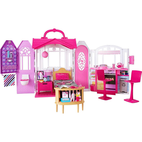 Casa De Muñecas Glam Getaway Barbie Rosado 2.5 Pies De Ancho Con 3 Habitaciones