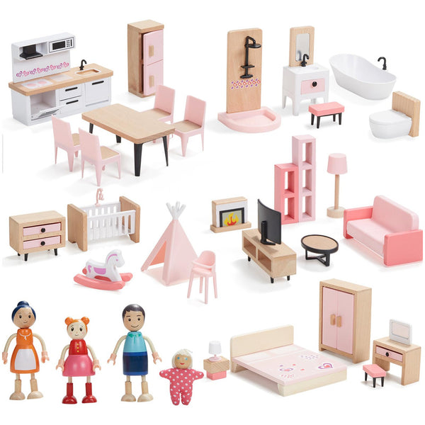Juego De Muebles De Madera Para Casa De Muñecas 36 Piezas Con 4 Figuras Familiares