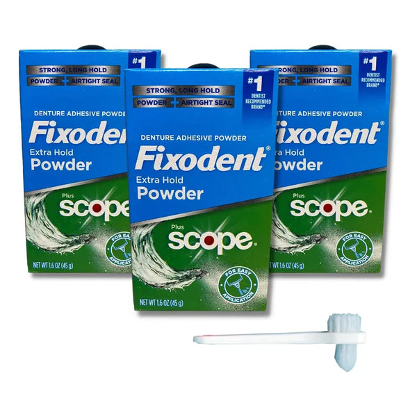 Fixodent Extra Hold Powder Plus Scope Adhesivo Para Dentaduras 45gr En Paquete De 3