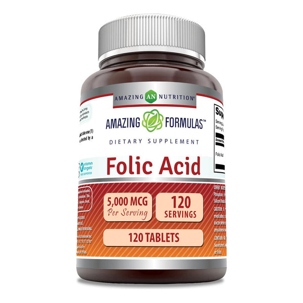 Acido Folico Vitamina B9 5000 Mcg 120 Tabletas Sin Glutén