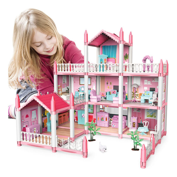 Casa de Muñecas Rosa 3 Pisos 9 Habitaciones Juego de Simulación Regalo para Niñas