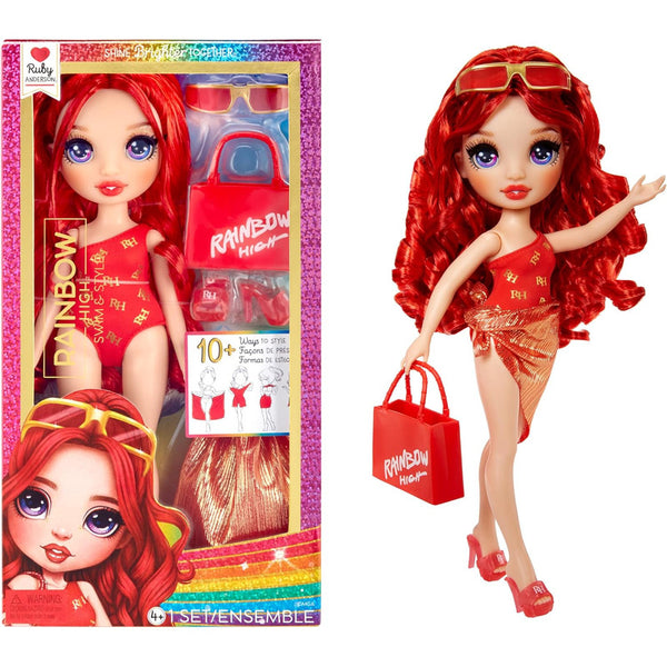 Muñeca Rainbow High Swim & Style Ruby 11 Pulgadas con Traje de Baño y Accesorios