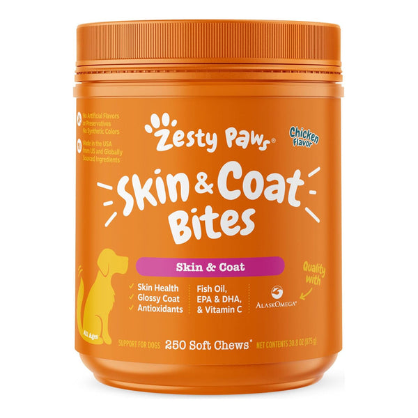 Zesty Paws Mordeduras para Piel y Pelaje de Perros con Omega-3