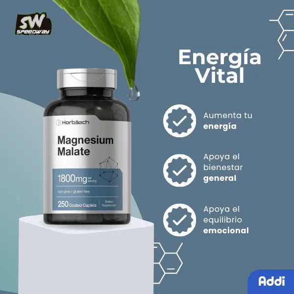 Malato De Magnesio 1800mg 250 Capsulas Recubiertas Sueño Energetico